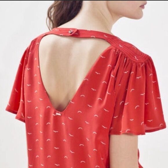 IKKS Coral Red Orange Bird Print Flutter Sleeve Mini Dress - Picture 3 of 10